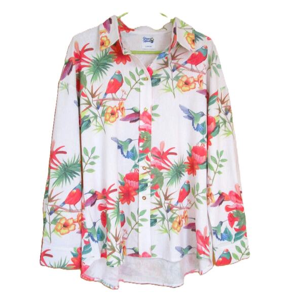 Hopper Island Women's Blouse White Tropical Print with Hummingbirds Size Small - Picture 1 of 6